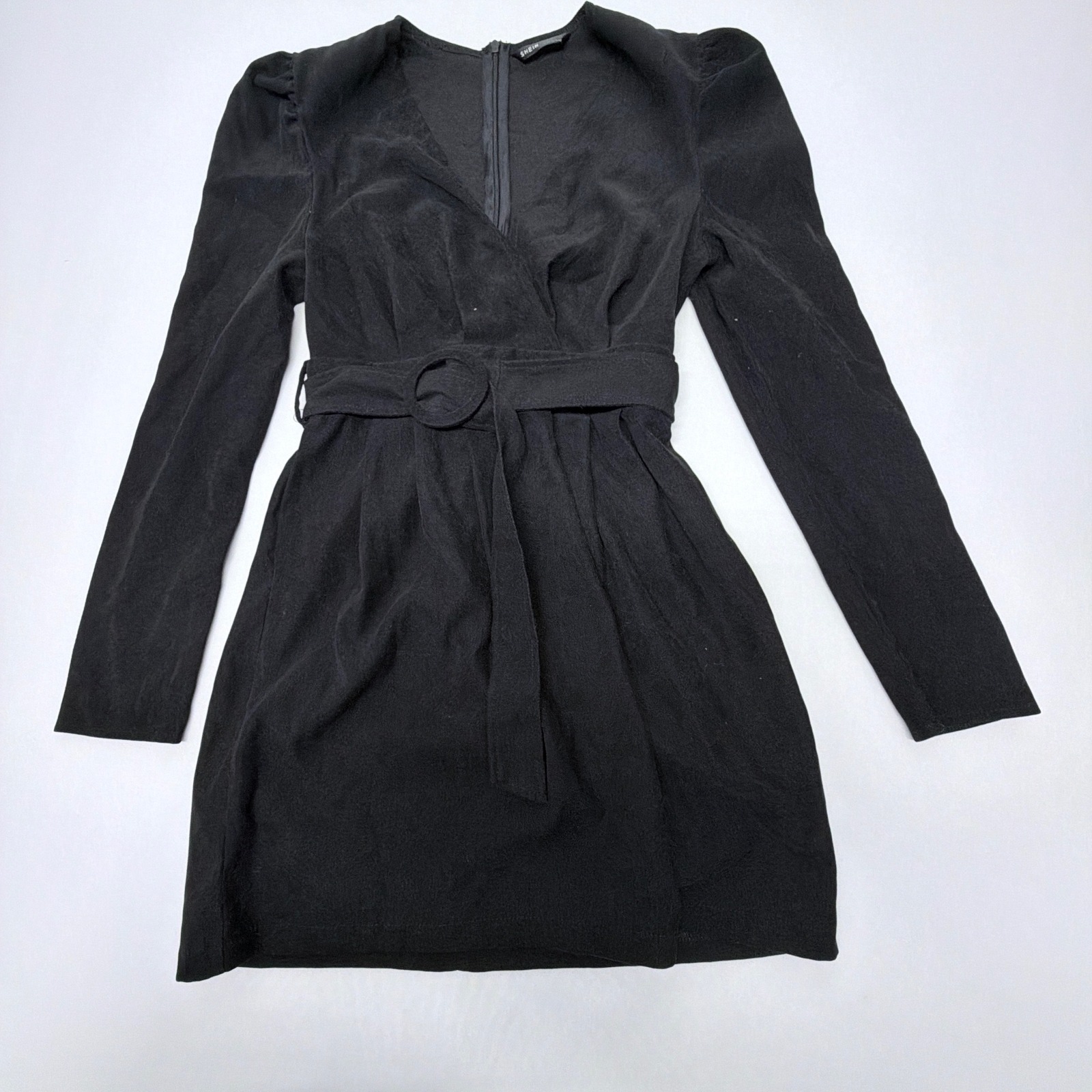 Shein Black Long Sleeve V-Neck Belted Puff Shoulder Mini Dress Size S
